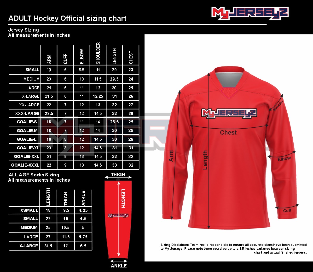 Adult Hockey Jersey Size Chart