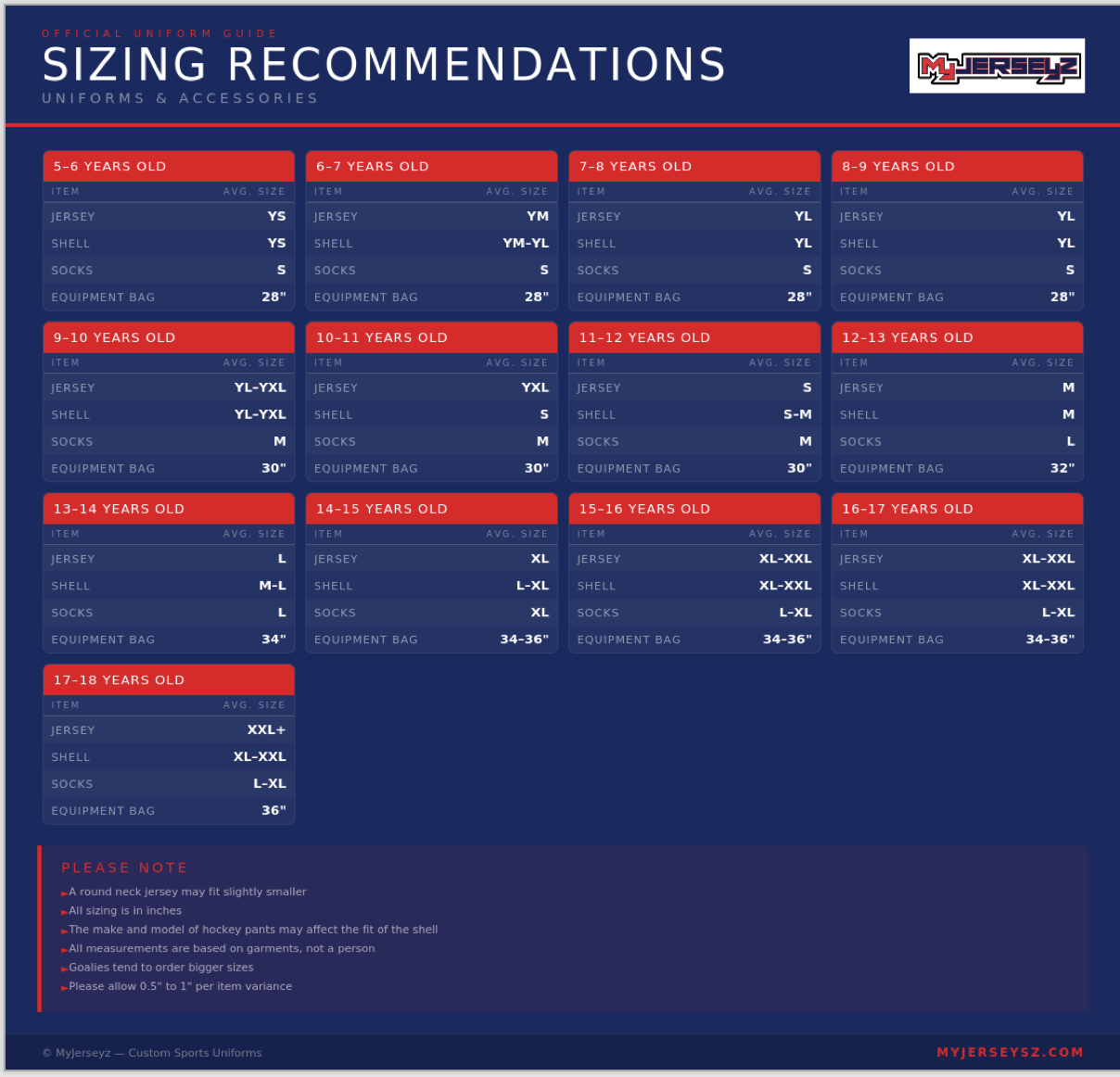 Hockey Uniform Sizing Recommendations